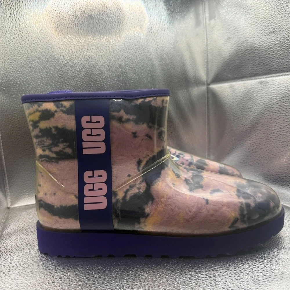 Size 9 UGG Classic Clear Mini‎ Violet Night Marble Womens Pull On Rain Boots